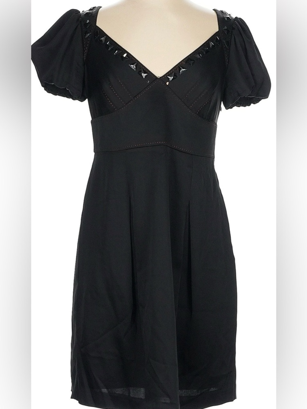 BCBGMaxAzria Black V-Neck Puff Sleeve Midi Dress with Stud Trim